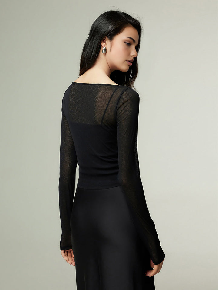 Straight Neck Sheer Panel Jersey Top