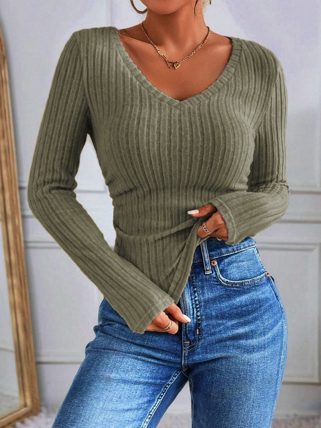 V-Neck Ribbed Skinny T-Shirt