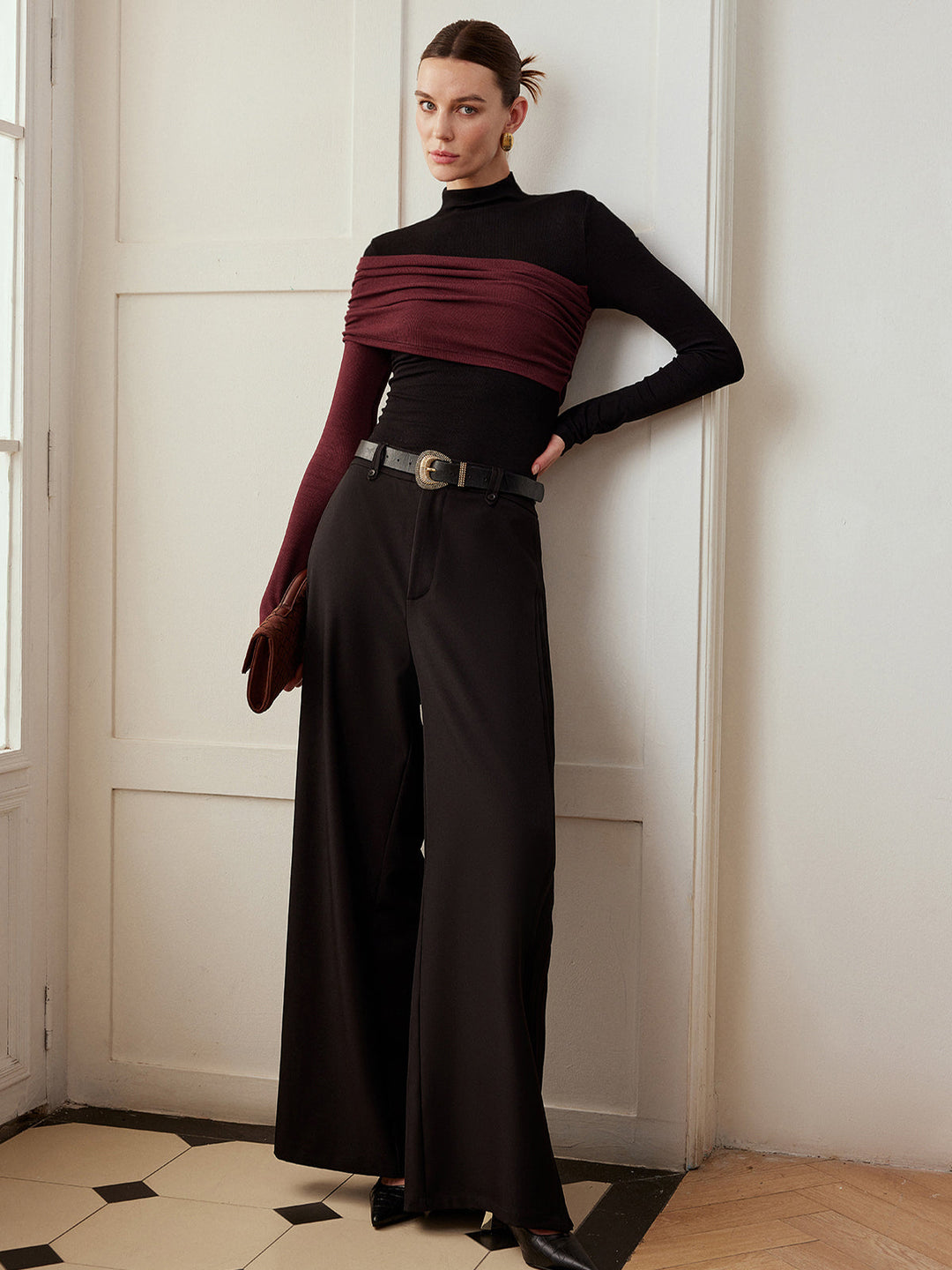 Color Block Pleated Jersey Slim Top