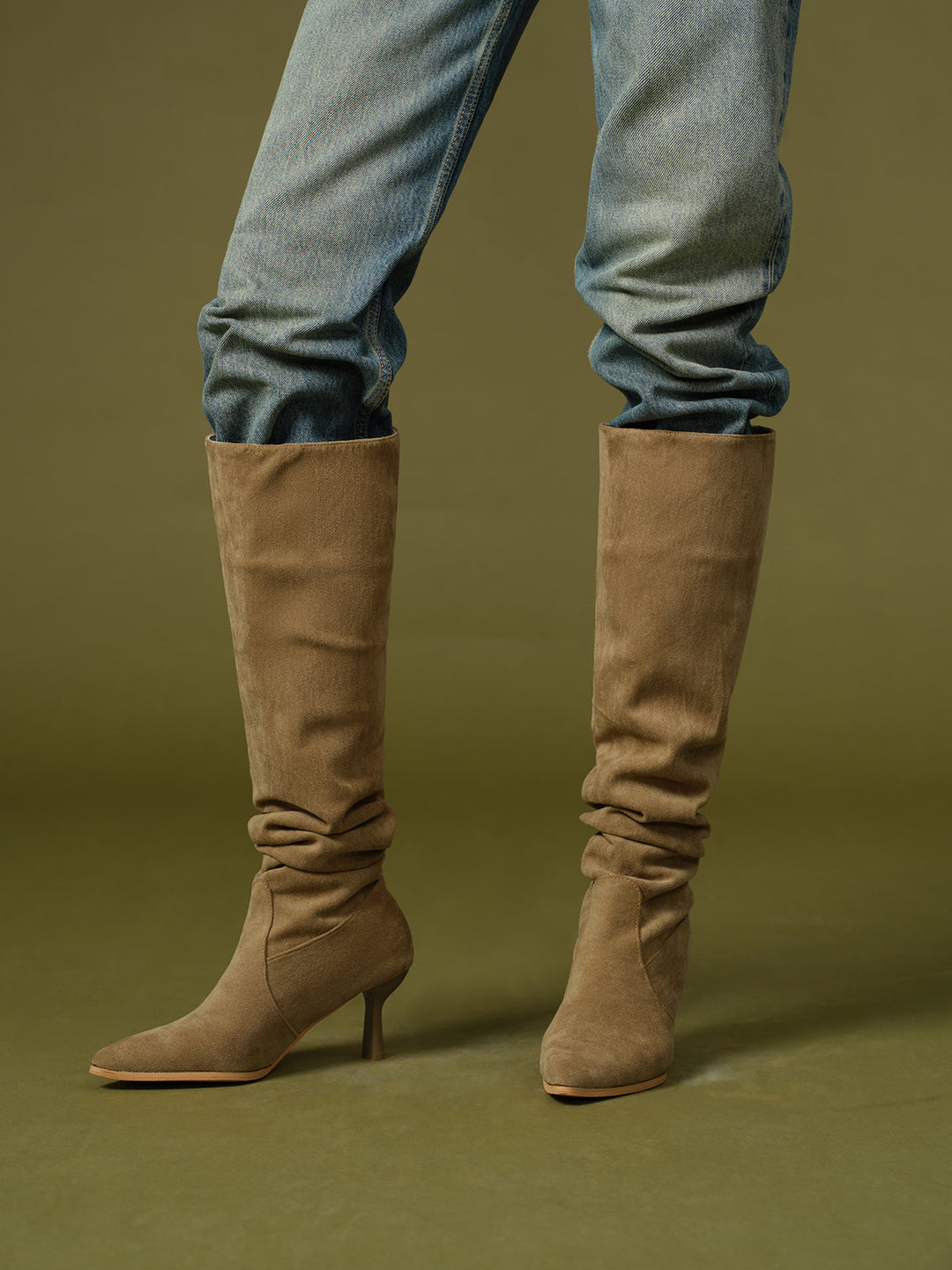 Suede Ruched Knee-High Boots