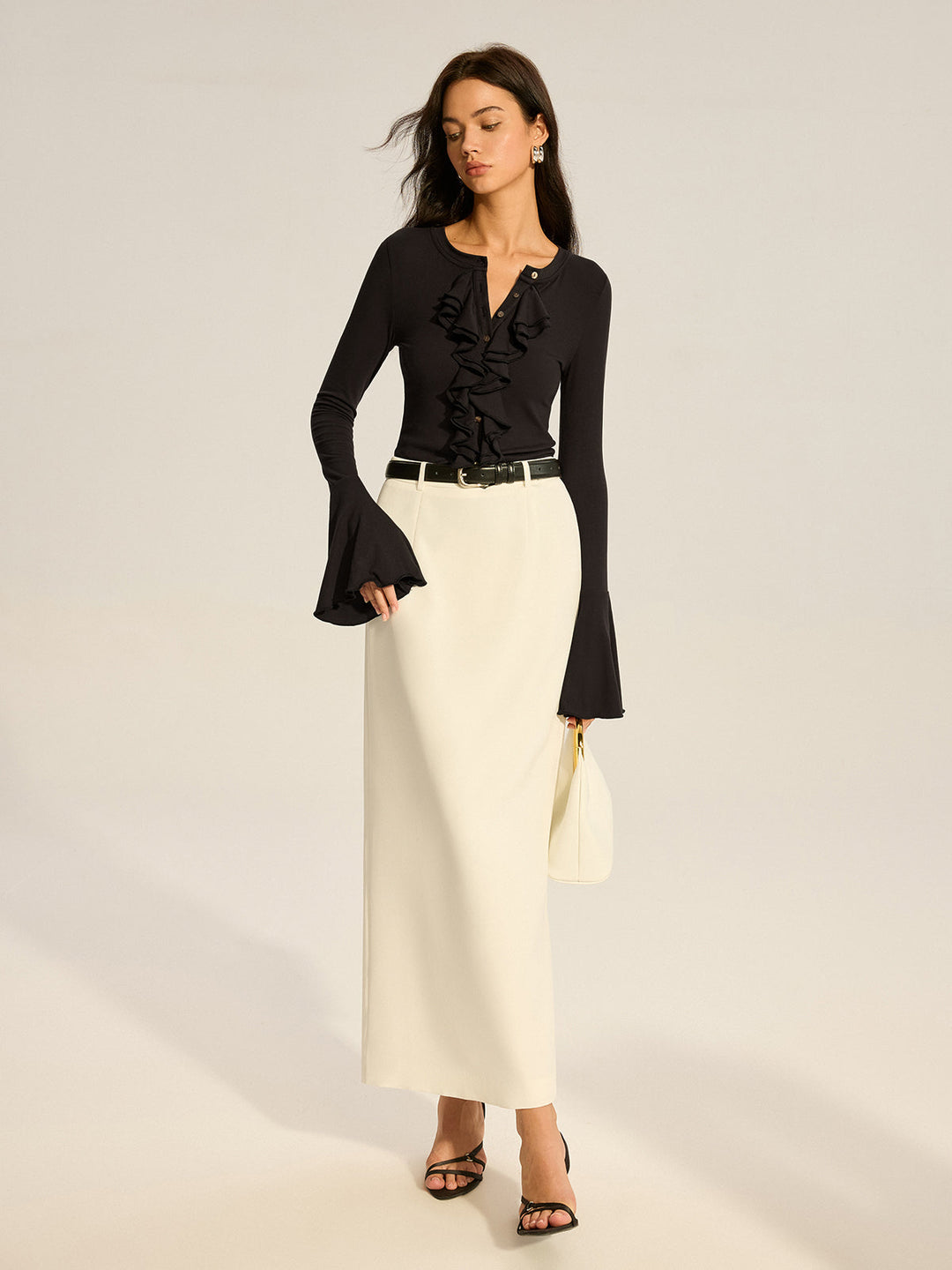 Flared Sleeve Ruffled Button T-Shirt