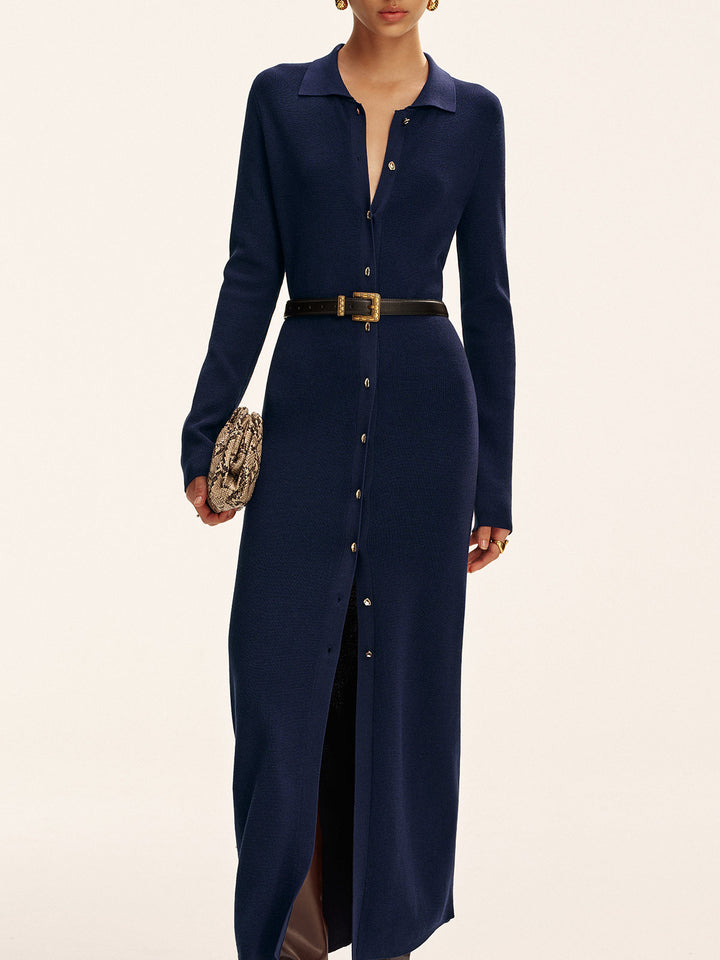 Long Sleeve Button Knit Maxi Dress without Belt