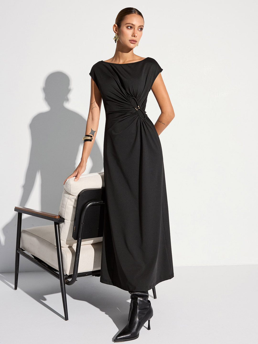 Cap Sleeve Ruched Backless Maxi Dress
