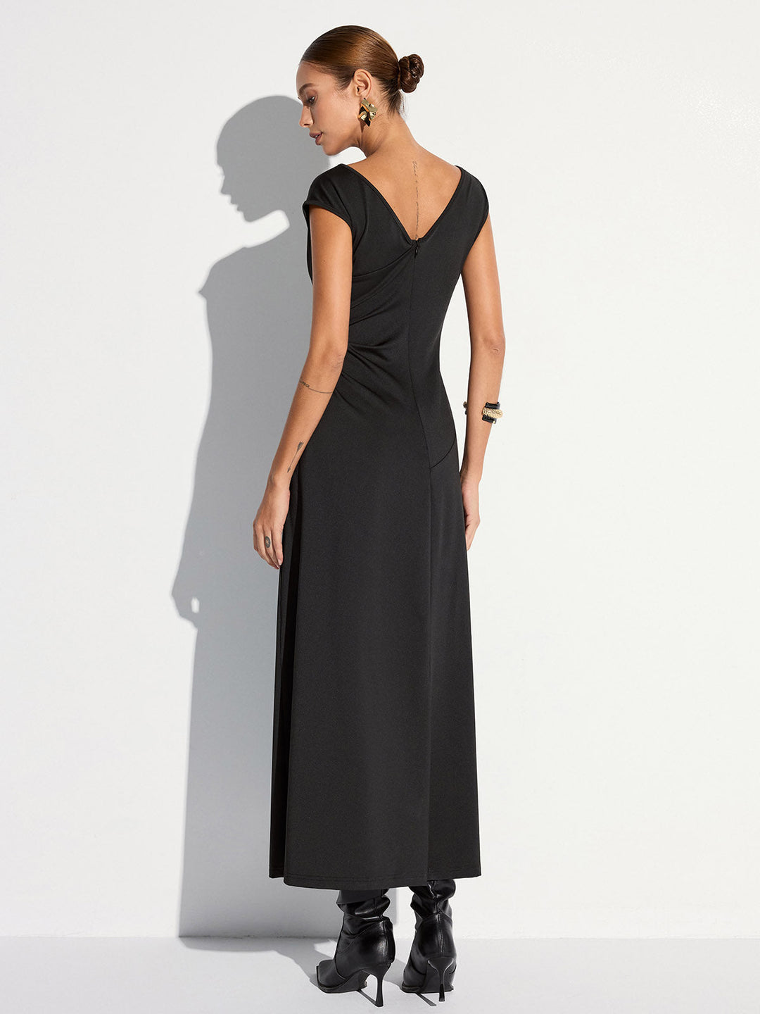 Cap Sleeve Ruched Backless Maxi Dress