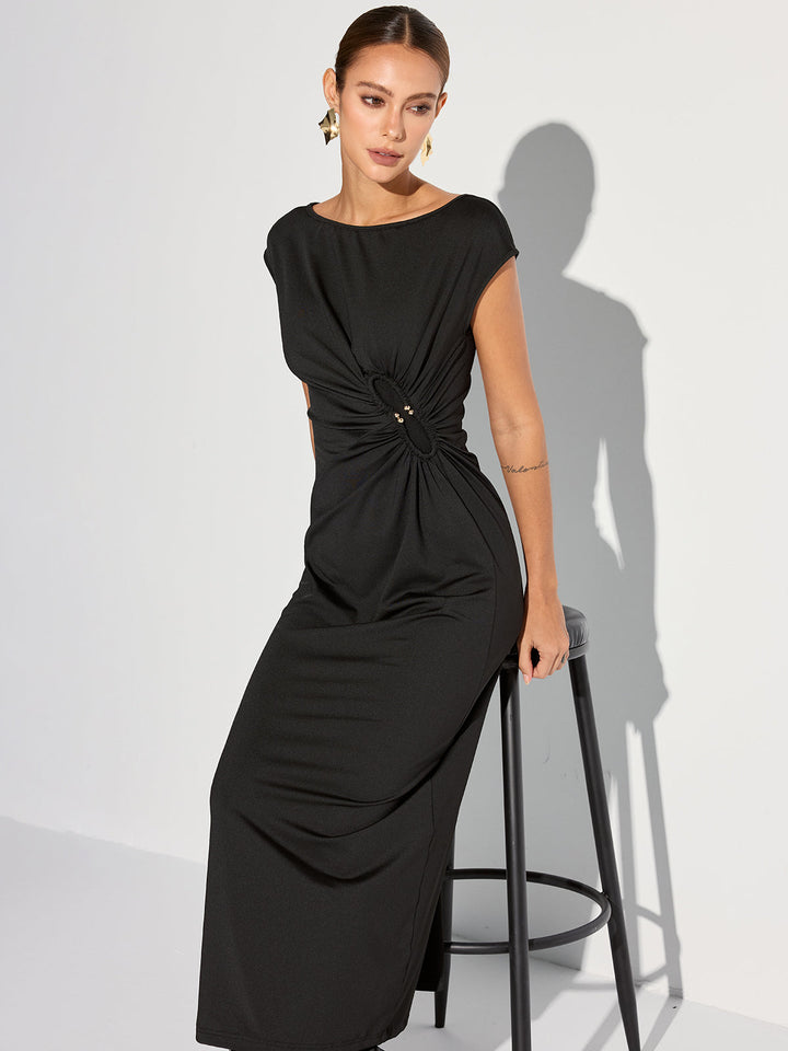Cap Sleeve Ruched Backless Maxi Dress