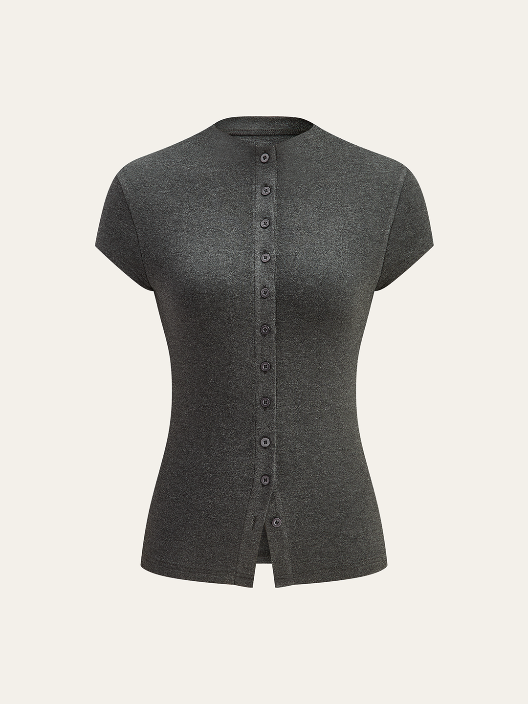 Mock Neck Cap-Sleeve Button T-Shirt