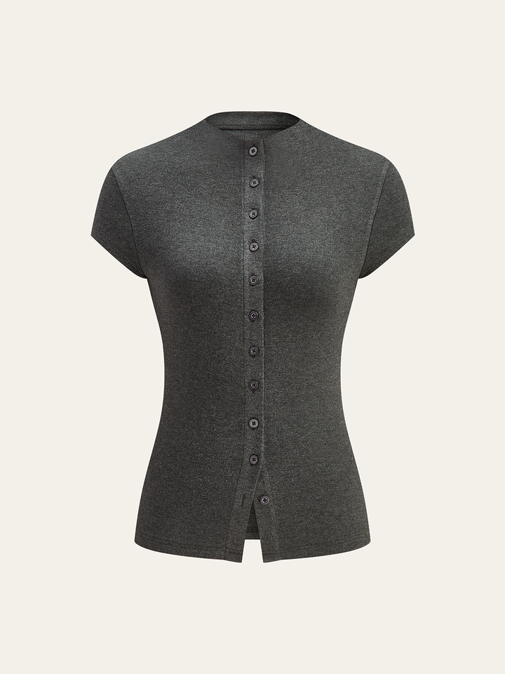 Mock Neck Cap-Sleeve Button T-Shirt