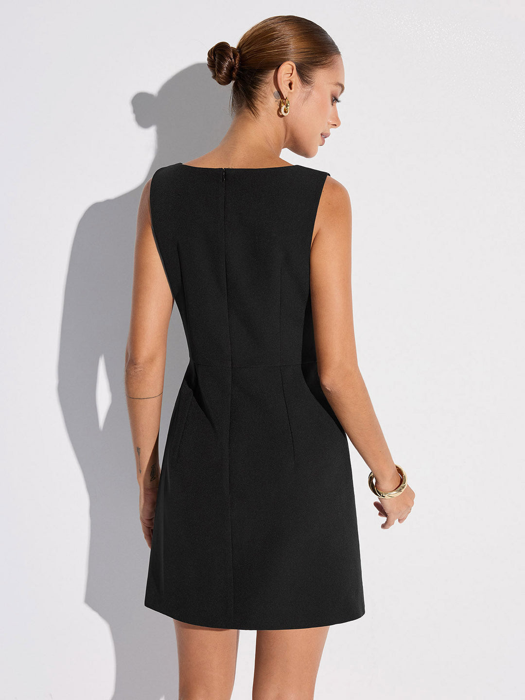 Sleeveless Fitted Asymmetric Metal Detail Mini Dress