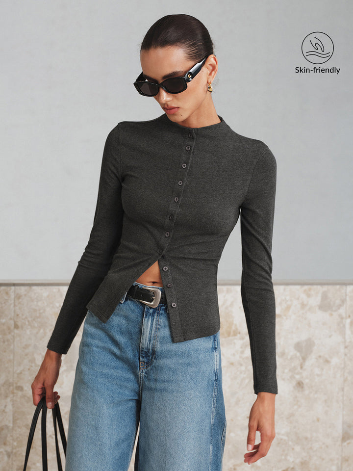 Mock Neck Button Long Sleeve T-Shirt