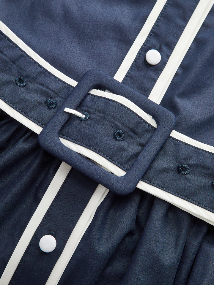 Contrast Trim Belted Pleated Shirt Dress