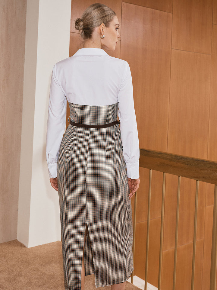 2 in 1 Shirt Plaid Panel Midi Dress with Belt