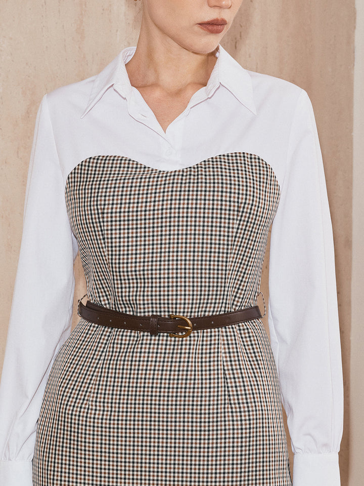 2 in 1 Shirt Plaid Panel Midi Dress with Belt
