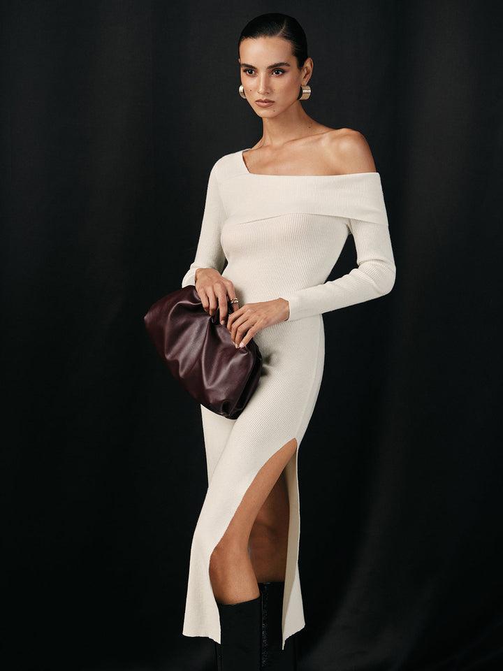 One Shoulder Wool Blend Knit Midi Slit Dress