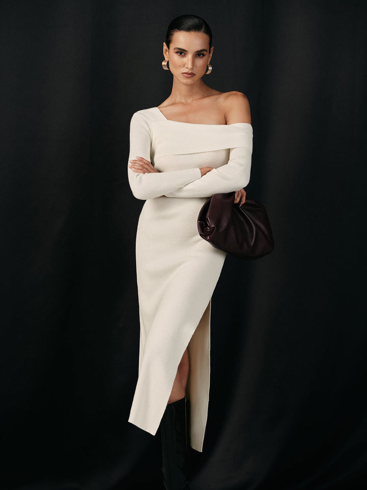 One Shoulder Wool Blend Knit Midi Slit Dress
