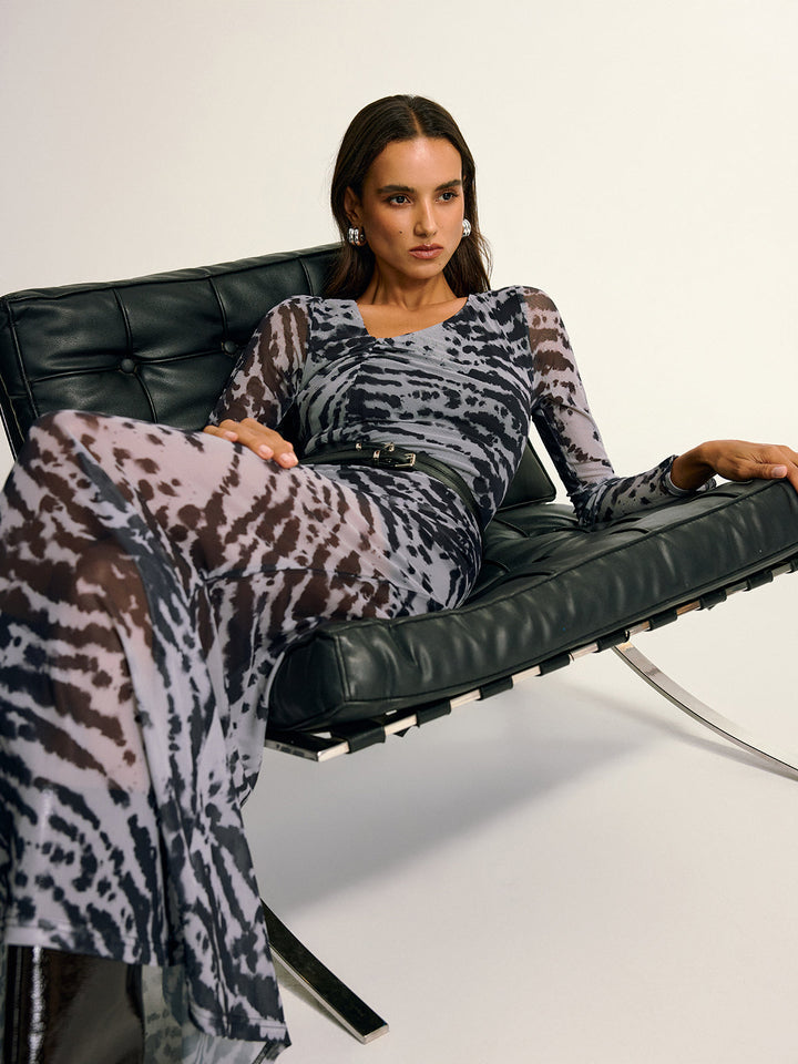 Long Sleeve Ruched Abstract Print Dress