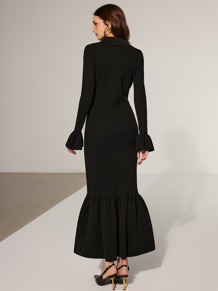 Mermaid Hem Collared Knit Maxi Dress