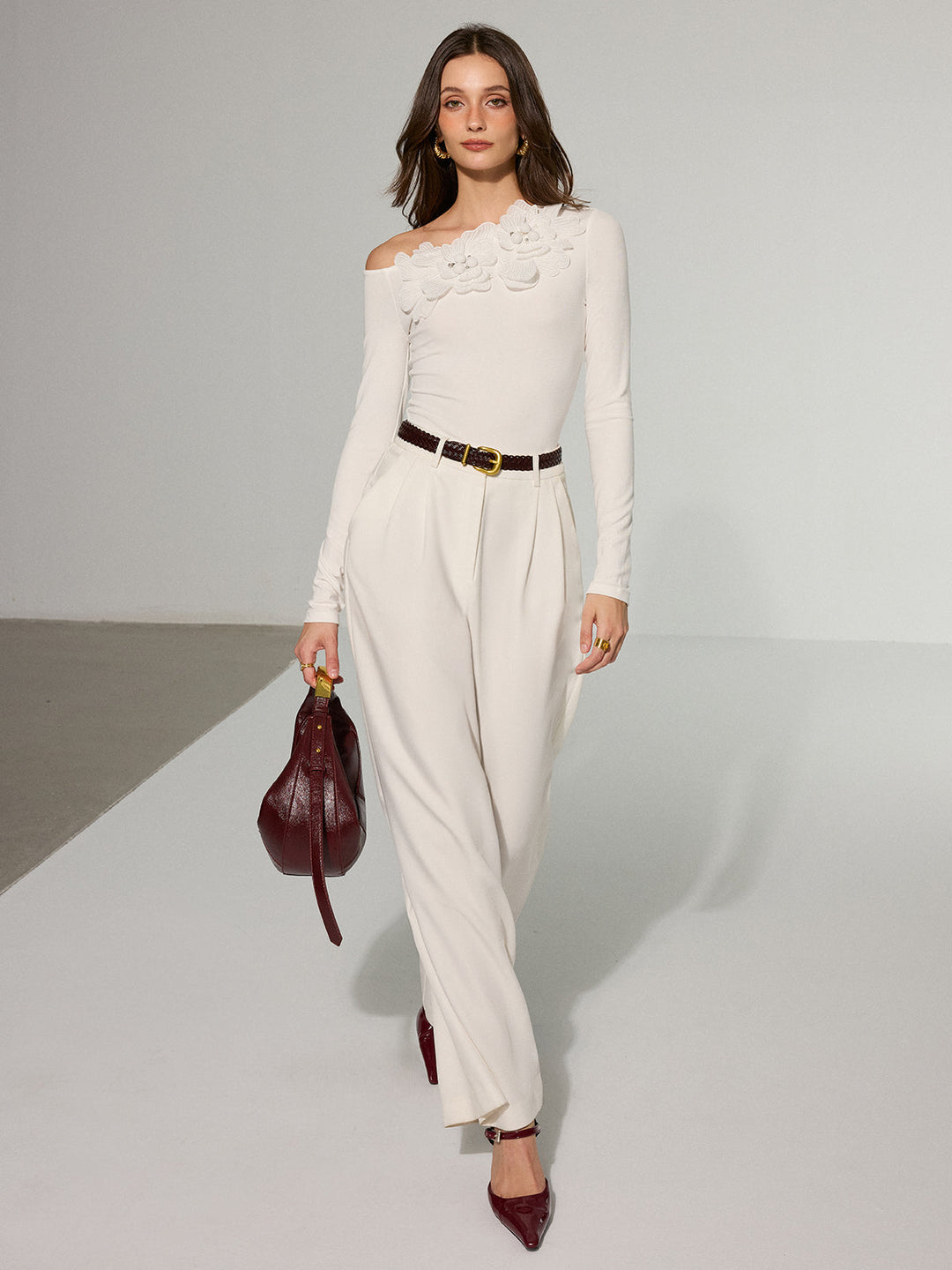 Off-Shoulder 3D Floral Embellished T-Shirt