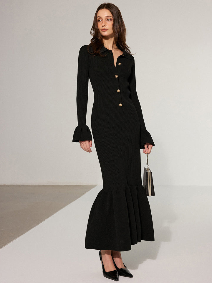Mermaid Hem Collared Knit Maxi Dress