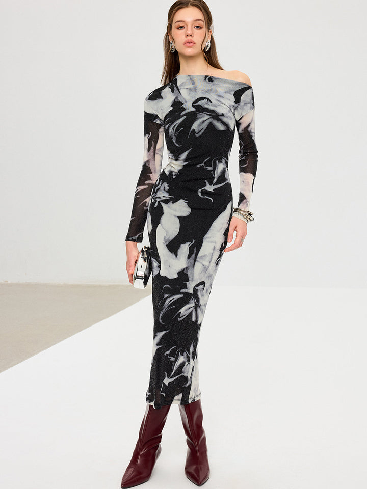 Abstract Print Mesh One-Shoulder Maxi Dress
