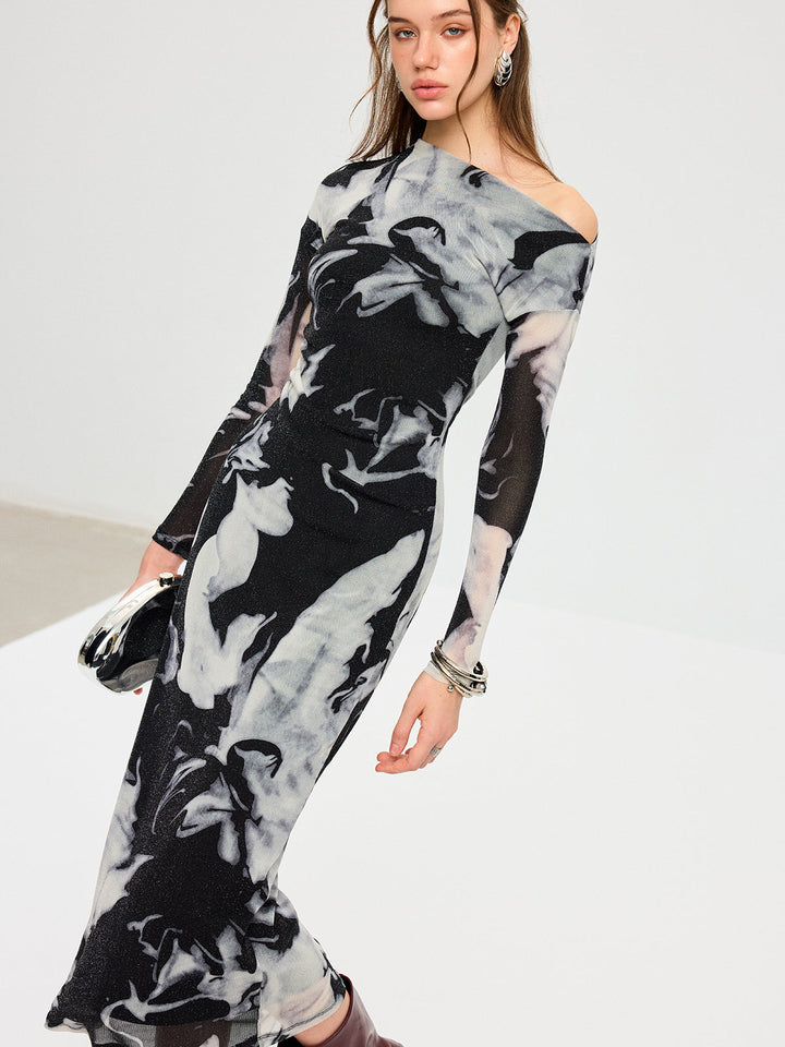 Abstract Print Mesh One-Shoulder Maxi Dress