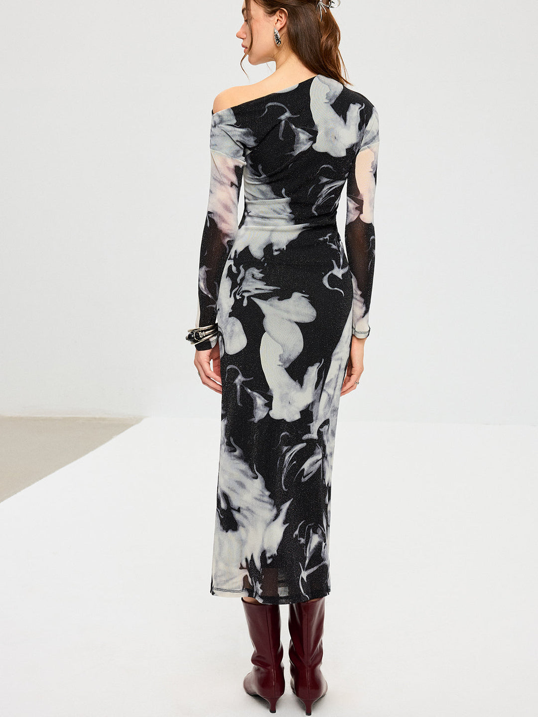 Abstract Print Mesh One-Shoulder Maxi Dress