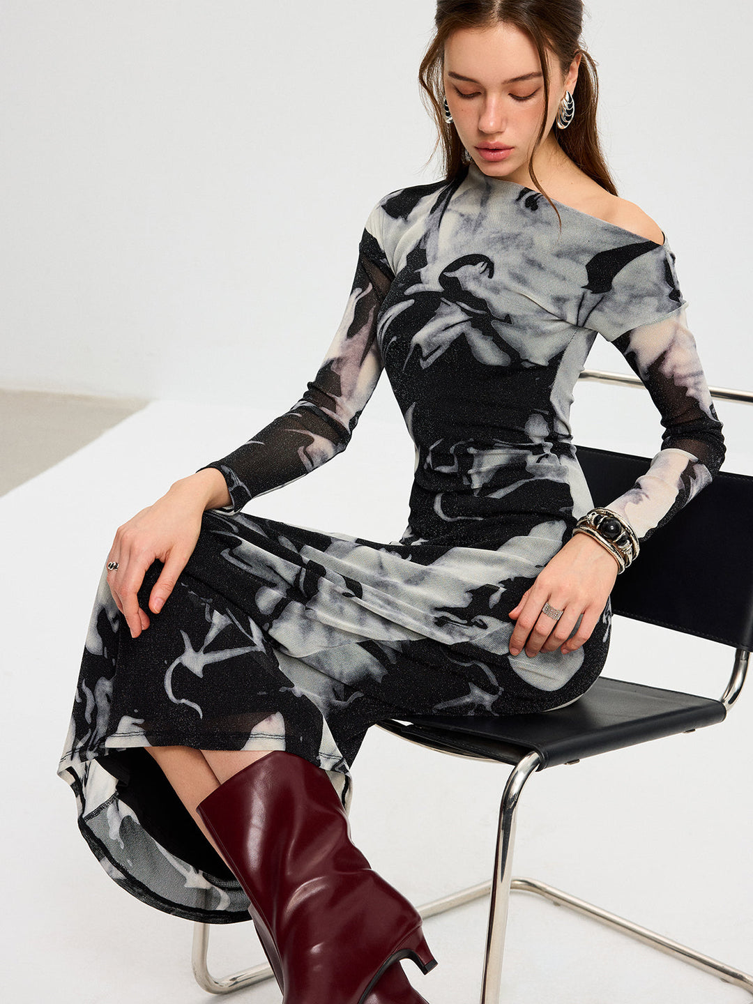 Abstract Print Mesh One-Shoulder Maxi Dress