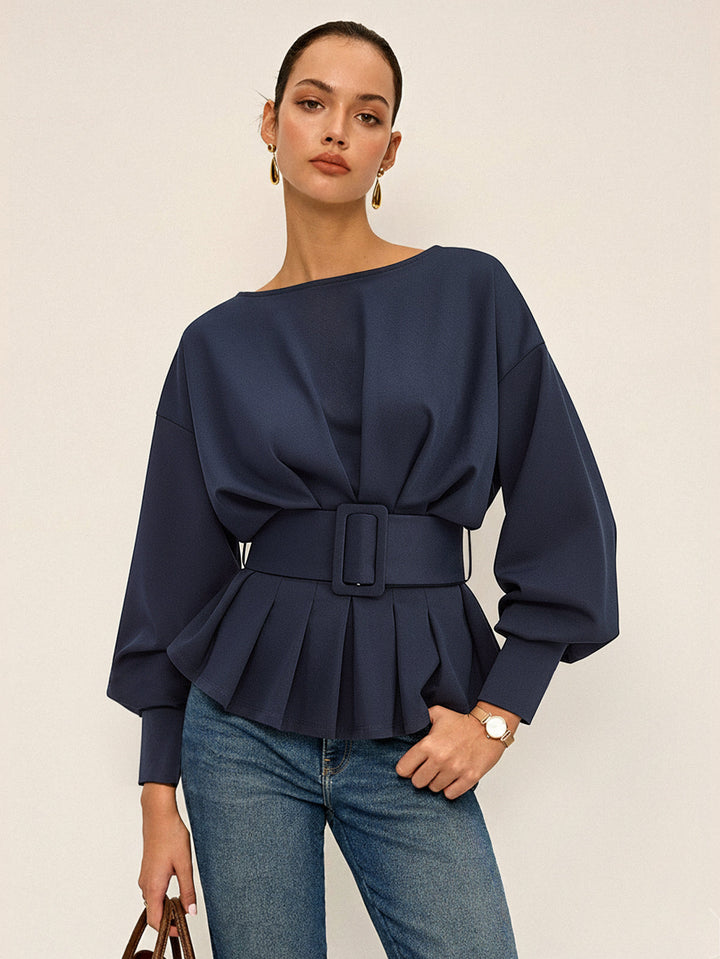 Boat Neck Peplum Sweatshirt with Wide Belt