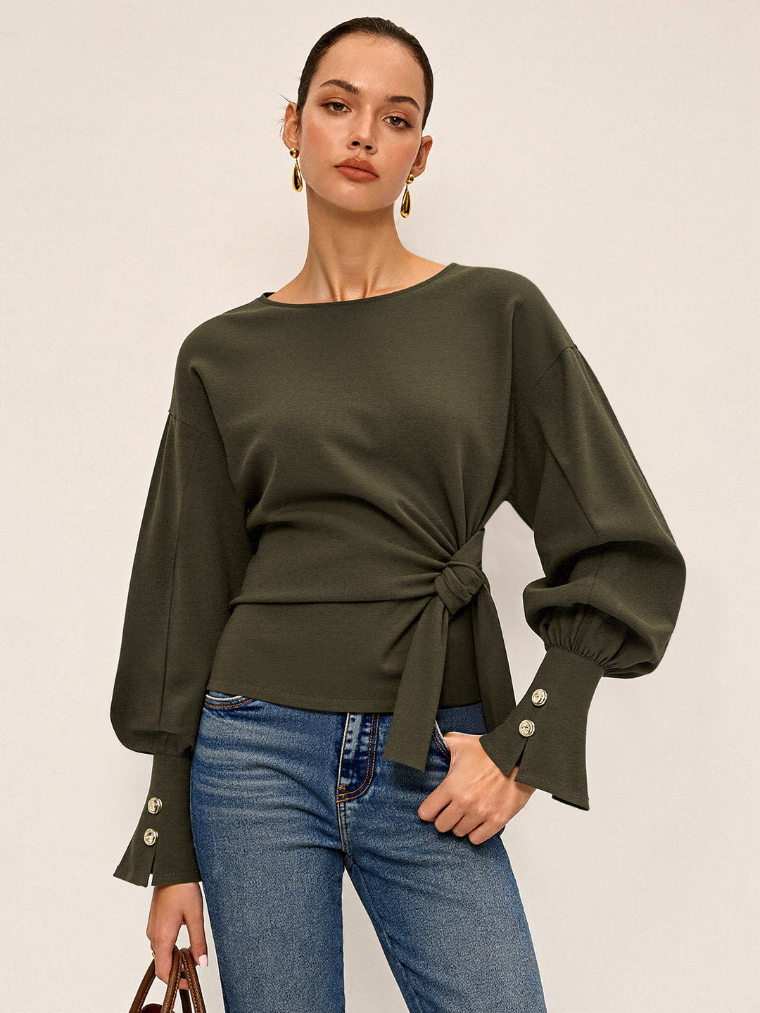 Twist Knot Balloon Sleeve Sweatshirt