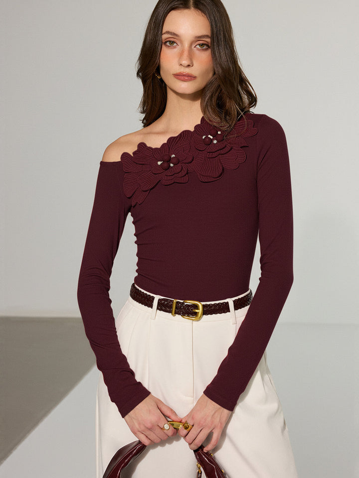 Off-Shoulder 3D Floral Embellished T-Shirt