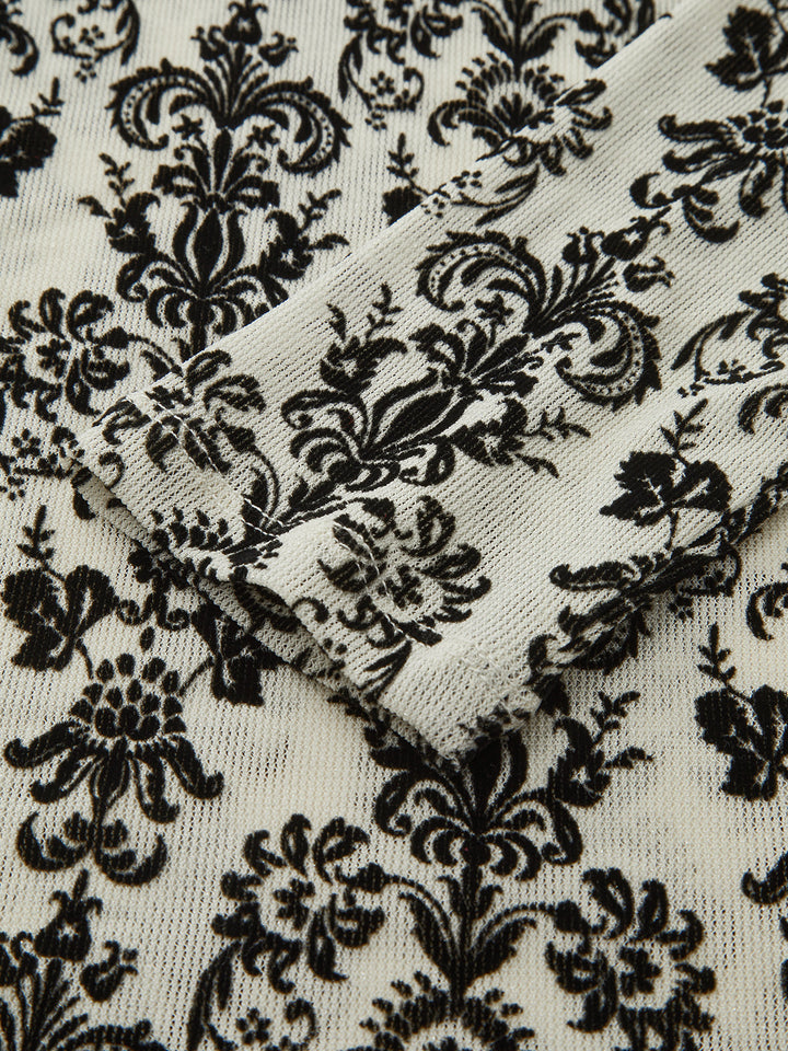 Damask Print Mock Neck T-Shirt