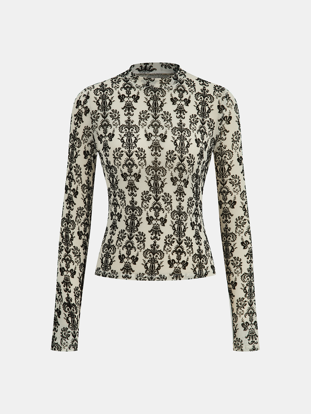 Damask Print Mock Neck T-Shirt