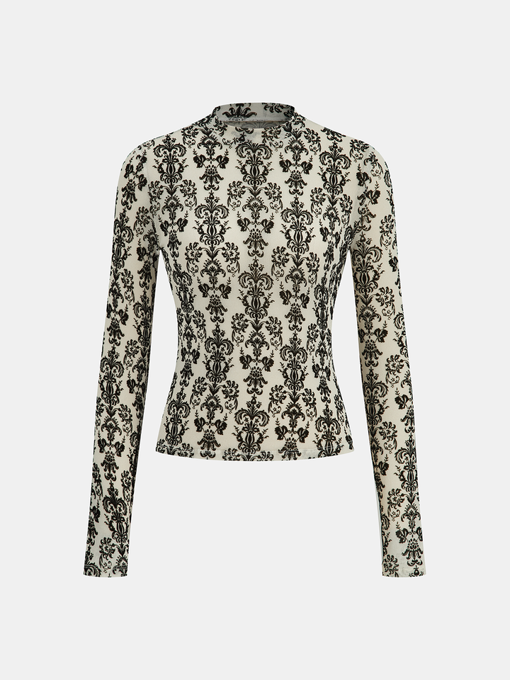 Damask Print Mock Neck T-Shirt
