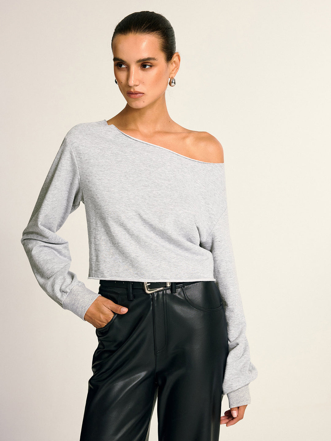 Asymmetric Off-Shoulder Cropped Sweatshirt