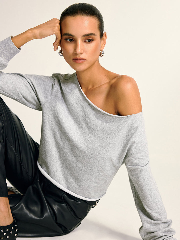 Asymmetric Off-Shoulder Cropped Sweatshirt