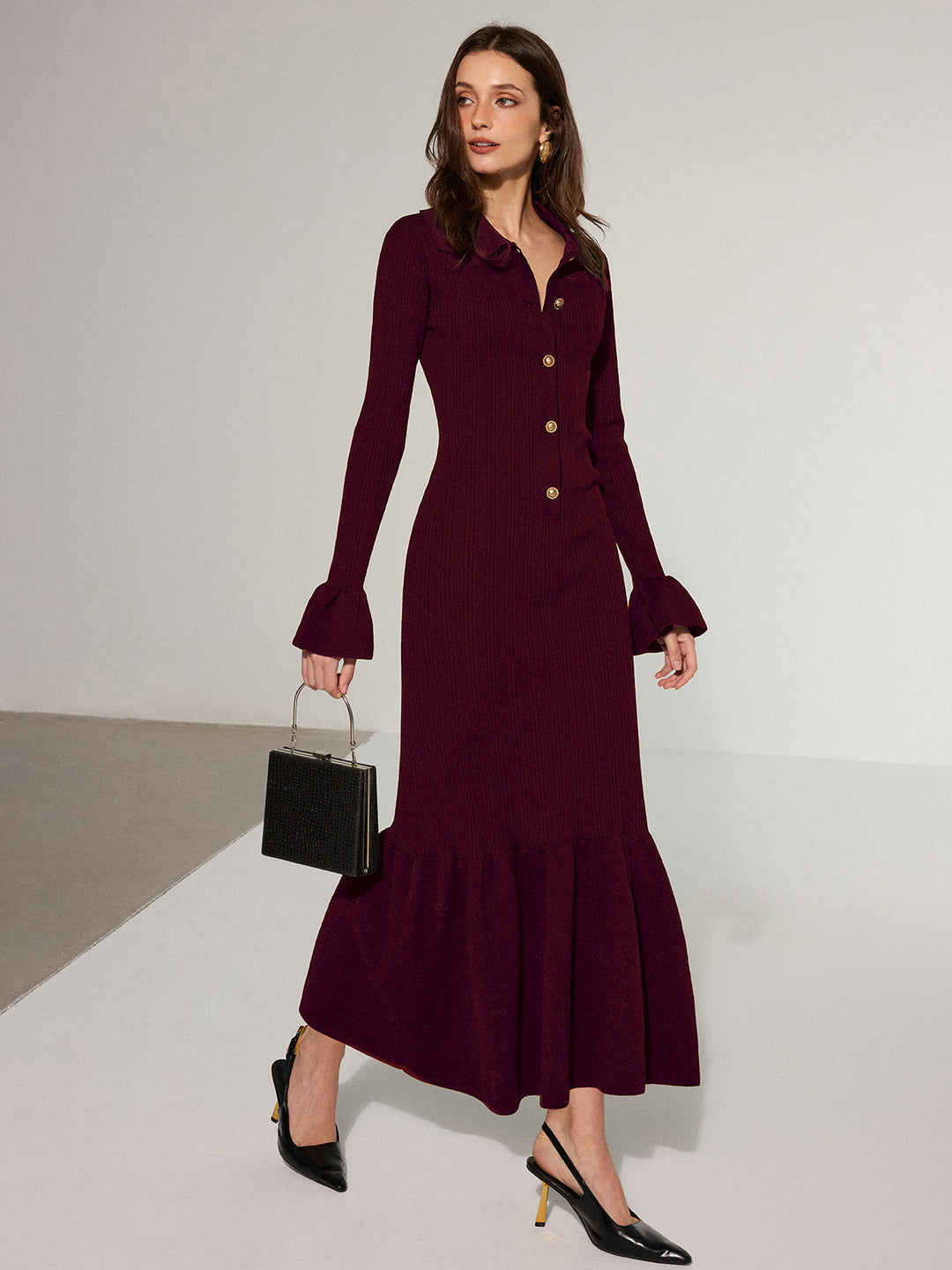 Mermaid Hem Collared Knit Maxi Dress