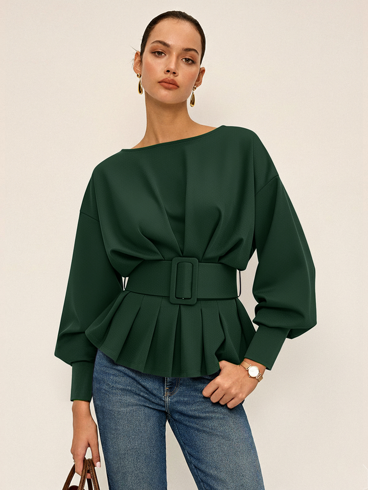 Boat Neck Peplum Sweatshirt with Wide Belt