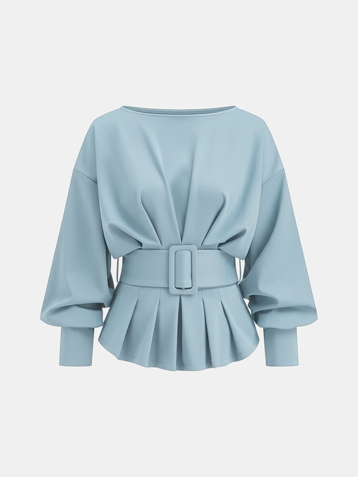Boat Neck Peplum Sweatshirt with Wide Belt