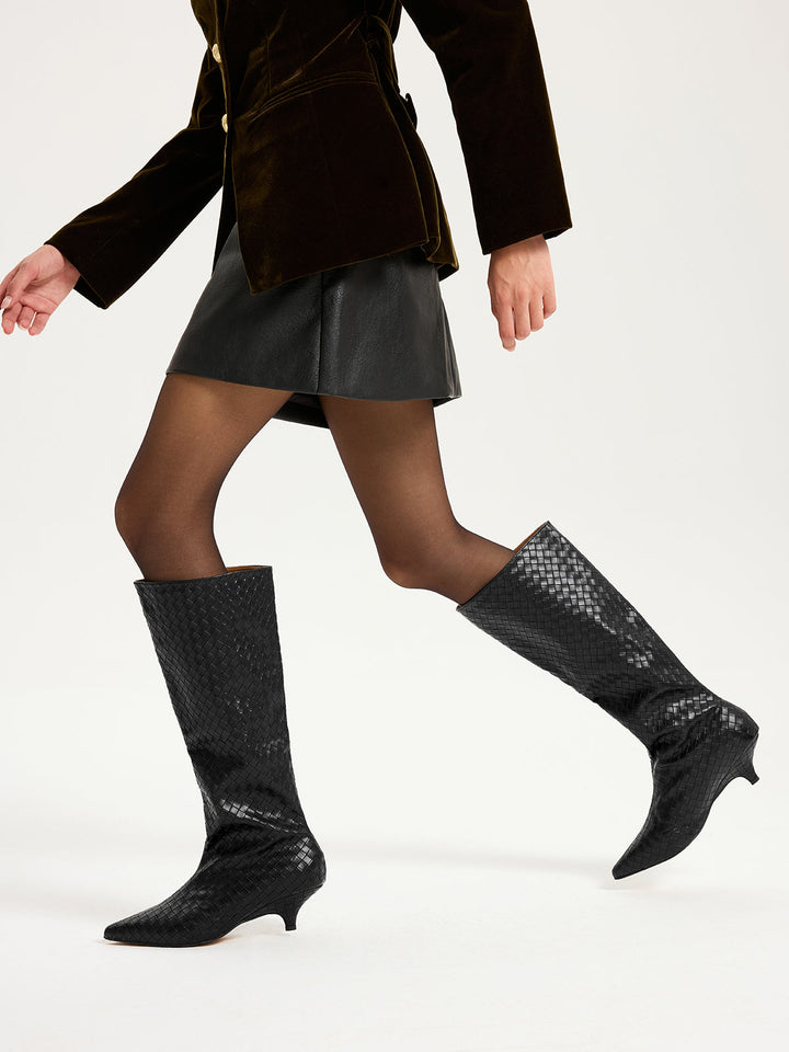 Woven PU Knee-High Kitten Heel Boots