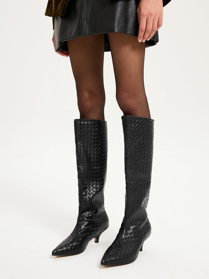 Woven PU Knee-High Kitten Heel Boots