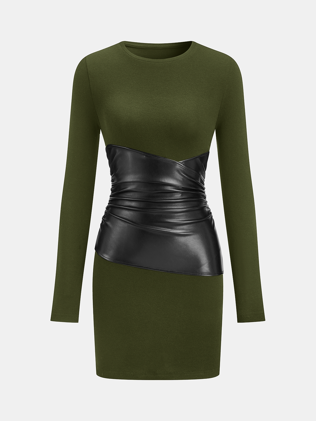 PU Leather Panel Long Sleeve Knit Dress