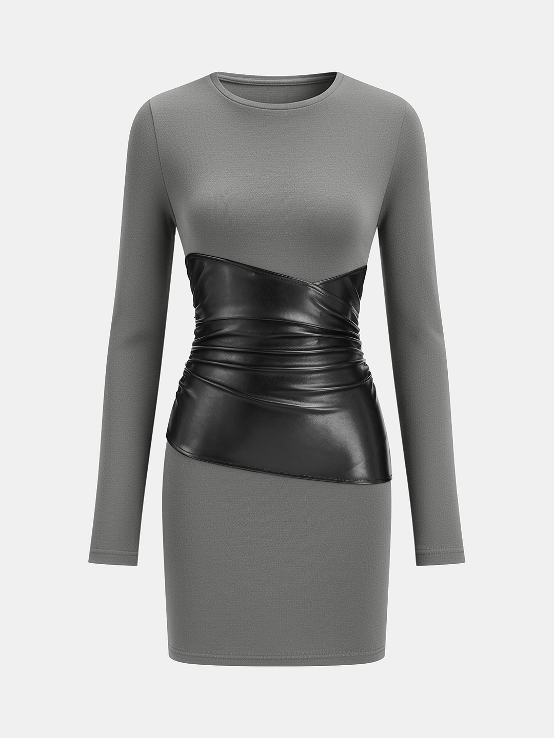 PU Leather Panel Long Sleeve Knit Dress