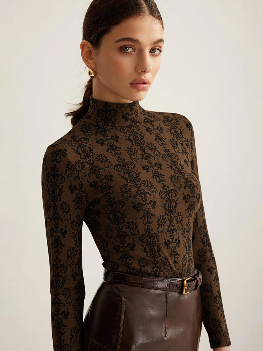 Damask Print Mock Neck T-Shirt