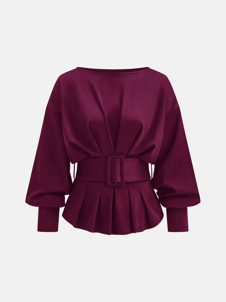 Boat Neck Peplum Sweatshirt with Wide Belt