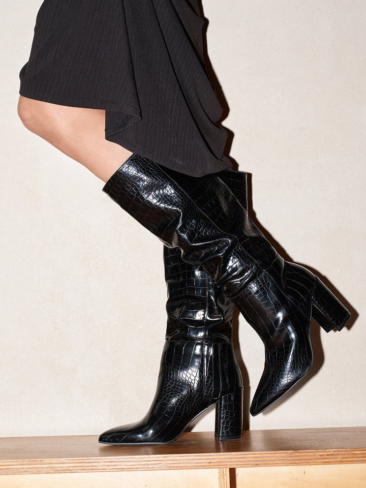 Knee-High Crocodile-Embossed Boots