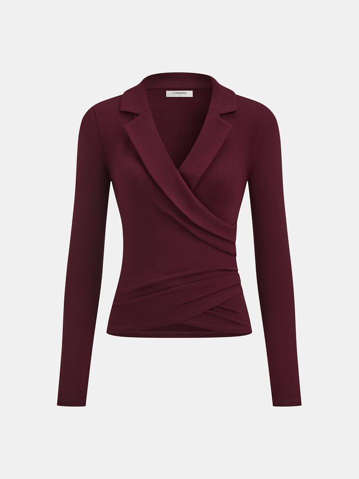 Lapel Ruched Long-Sleeve Top