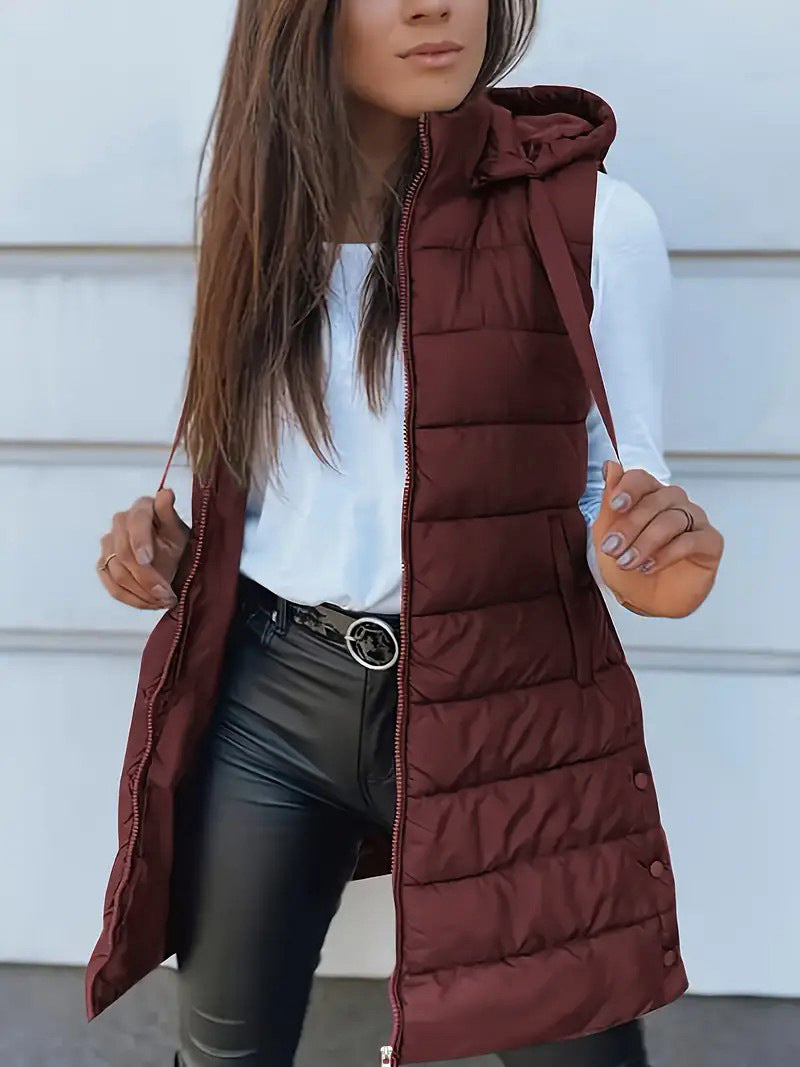 Casual Sleeveless Hood Long Puffer Vest