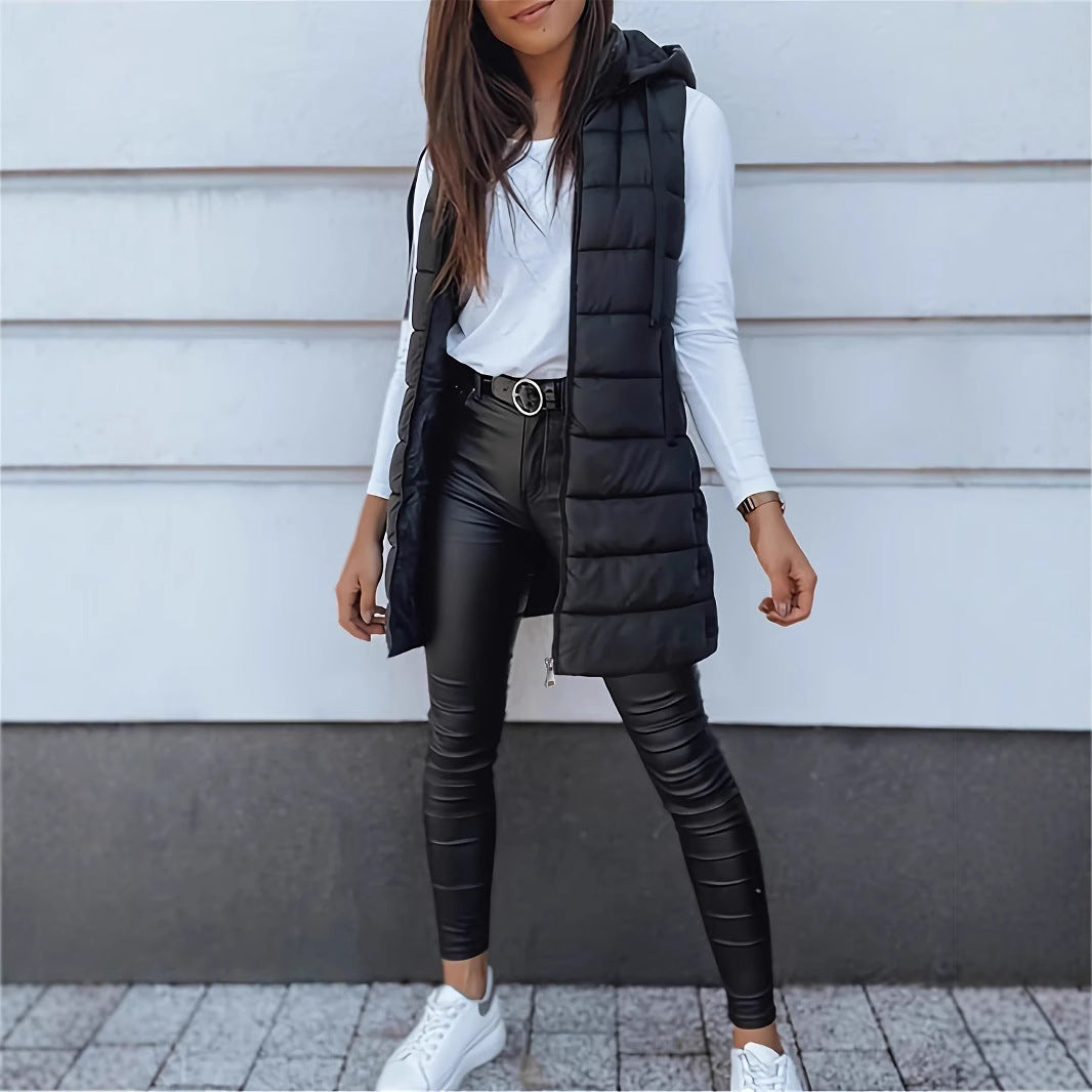 Casual Sleeveless Hood Long Puffer Vest