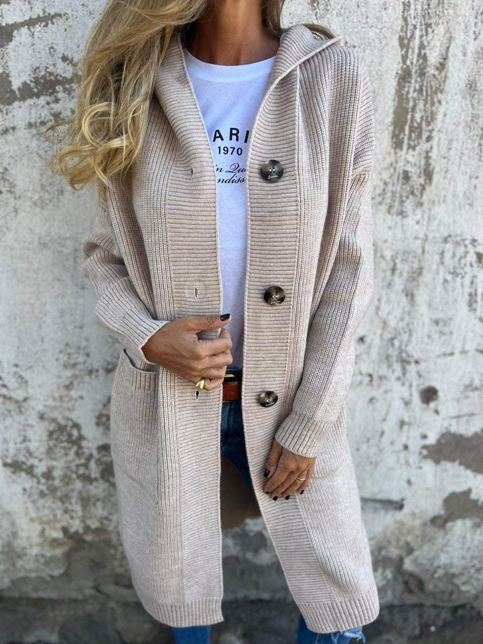 Long Knit Hooded Cardigan